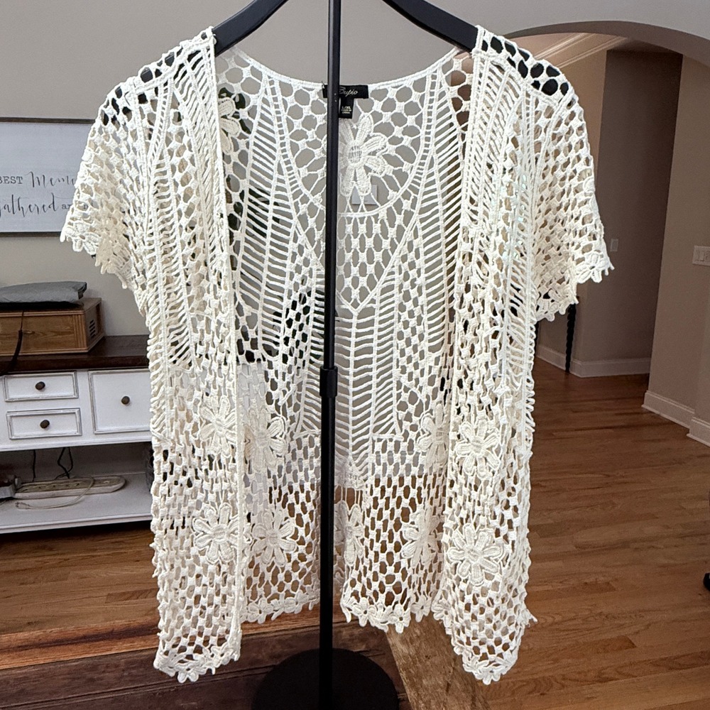 Cupio Crochet Cardigan Vest Ivory Floral Lace Open Front Cotton L/XL Boho
